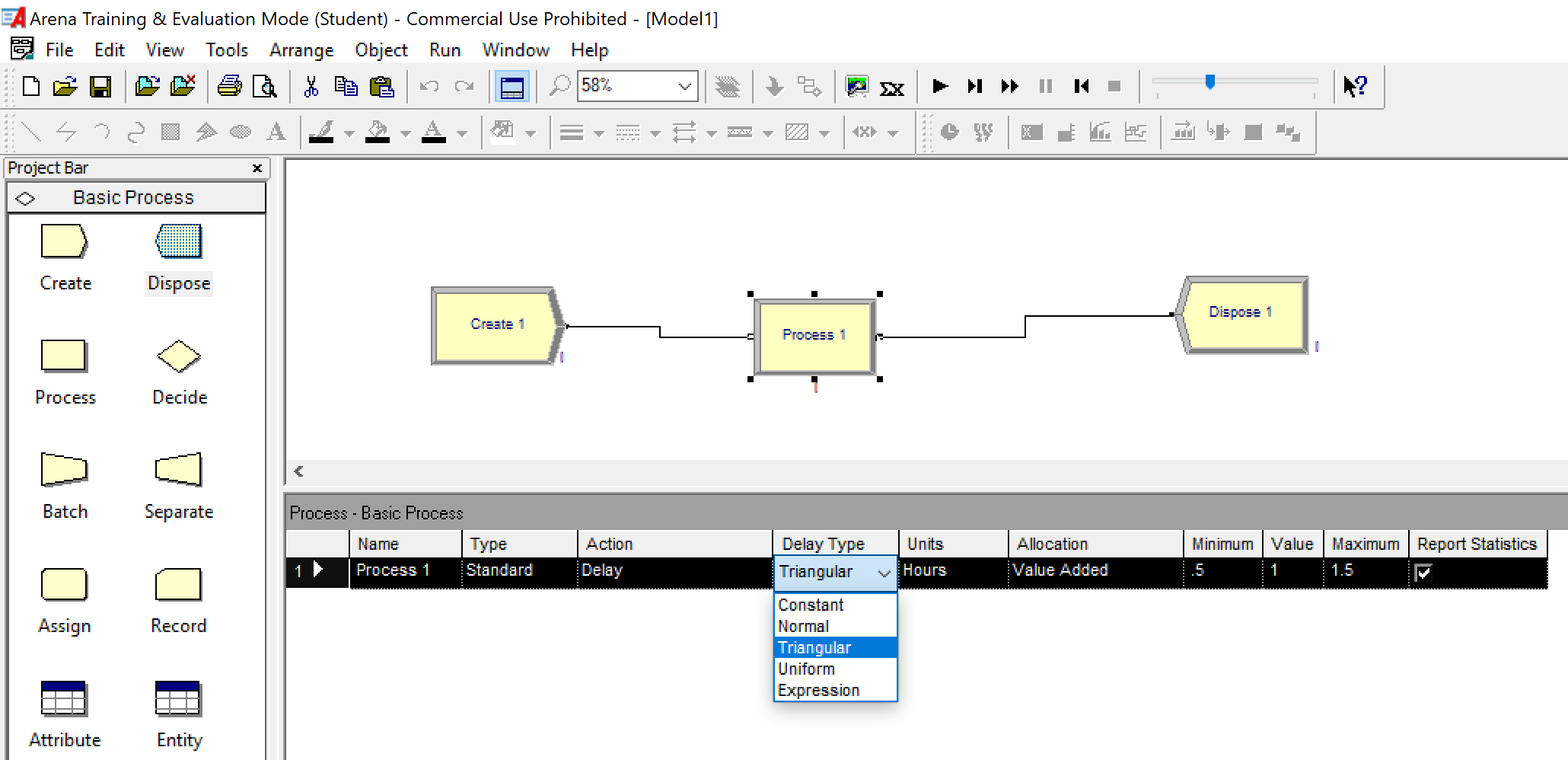 An impression of a simple model in the Arena DES tool.